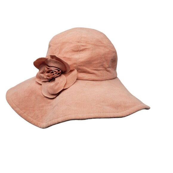 Vtg Betmar Peach Corduroy Wide Brim Sun Hat Flower Accent Cottagecore Feminine - Picture 6 of 9